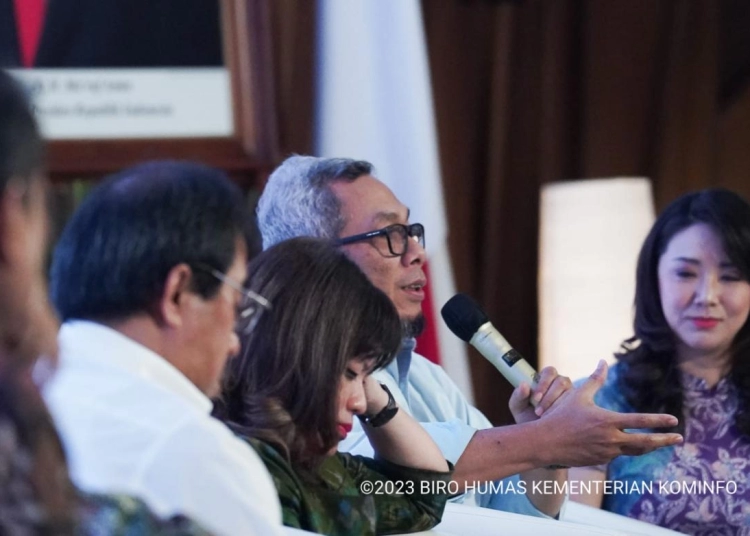 Direktur Jenderal Informasi dan Komunikasi Publik Kementerian Komunikasi dan Informatika, Usman Kansong dalam Diskusi Panel Road to The 10th World Water Forum: Policy, Technology and Investment Opportunity In Water Resource Management, di Auditorium Kementerian Pekerjaan Umum dan Perumahan Rakyat (PUPR), Jakarta Selatan, Selasa (04/06/2023).
